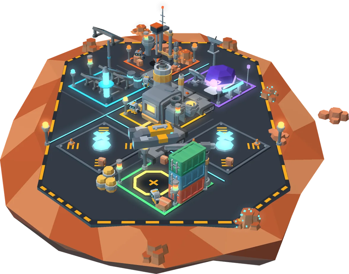 The foundry in 3D: five machines, conveyors and robots on a platform on top of a floating rust asteroid