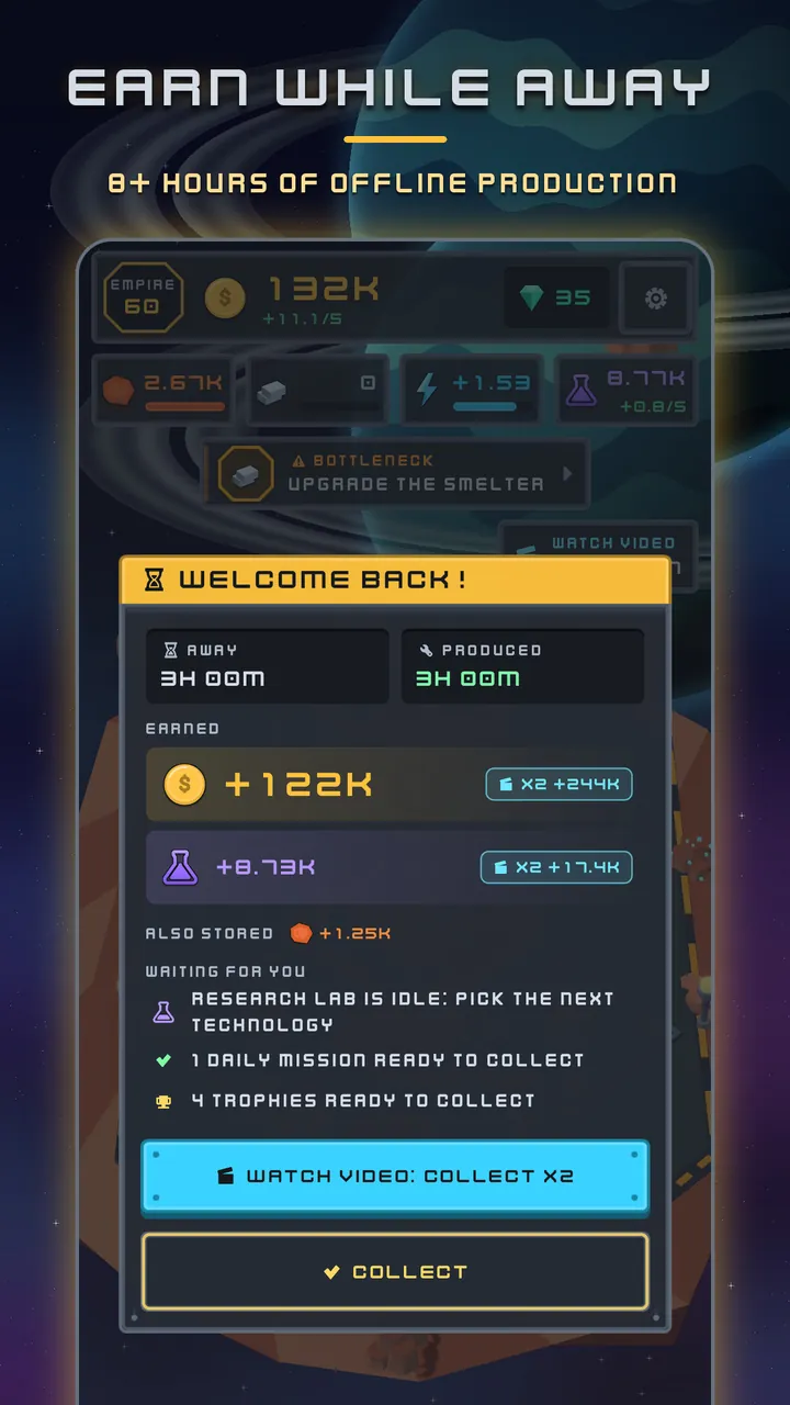 Earn while away: the Welcome back report after 3 hours away, with an optional video to collect x2 and a plain Collect button