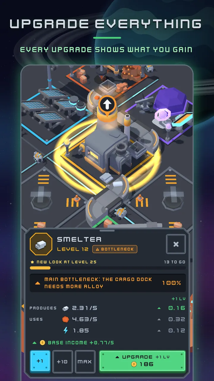 Upgrade everything: the Smelter panel shows what the next level adds to production and income before you buy it